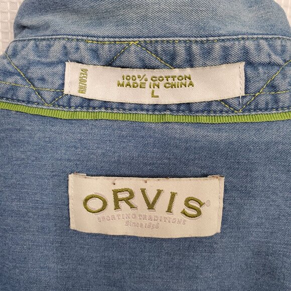 Orvis Mens L Shirt Denim Button Up Lightweight Work Barn Chore Shacket Outdoors - Picture 4 of 10
